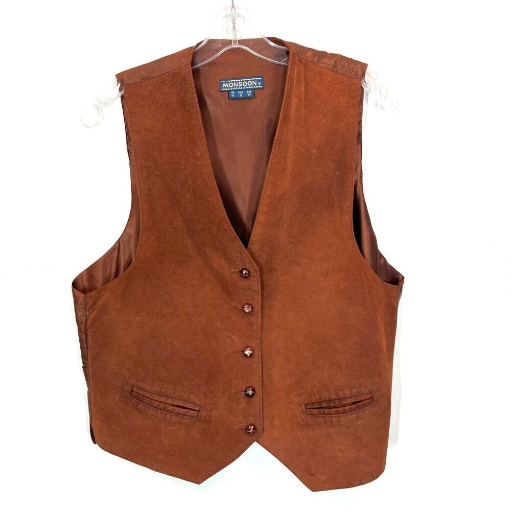 Monsoon Brown genuine Suede Button front vest Size 12 women unisex V-neck